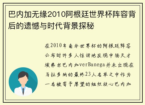 巴内加无缘2010阿根廷世界杯阵容背后的遗憾与时代背景探秘